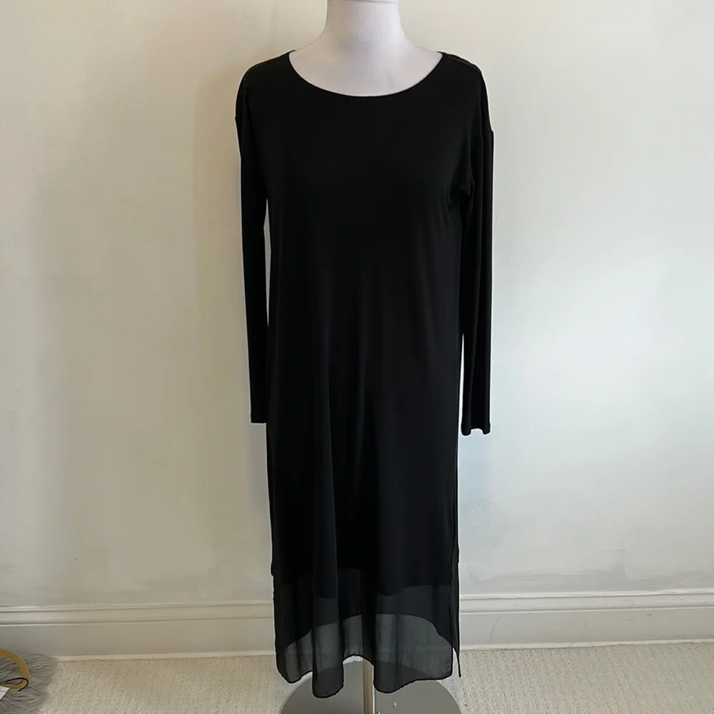 Eileen Fisher Black Silk Georgette Double Layer Dress